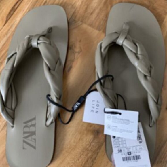 BNWT ZARA leather chunky braided flat thong sandals (7.5) olive - Picture 8 of 8